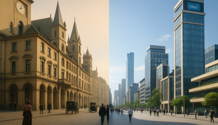 Contrast between historical architecture and modern urban development, showcasing the evolution of cityscapes over time.