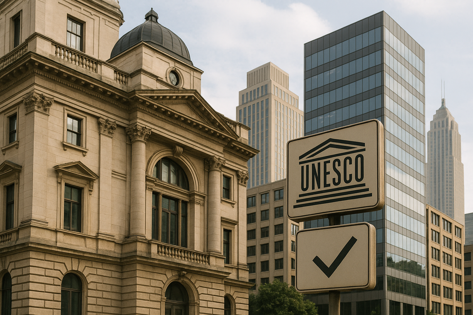 A cityscape showing historic buildings integrated with modern urban development, illustrating the balance between cultural heritage and contemporary growth.