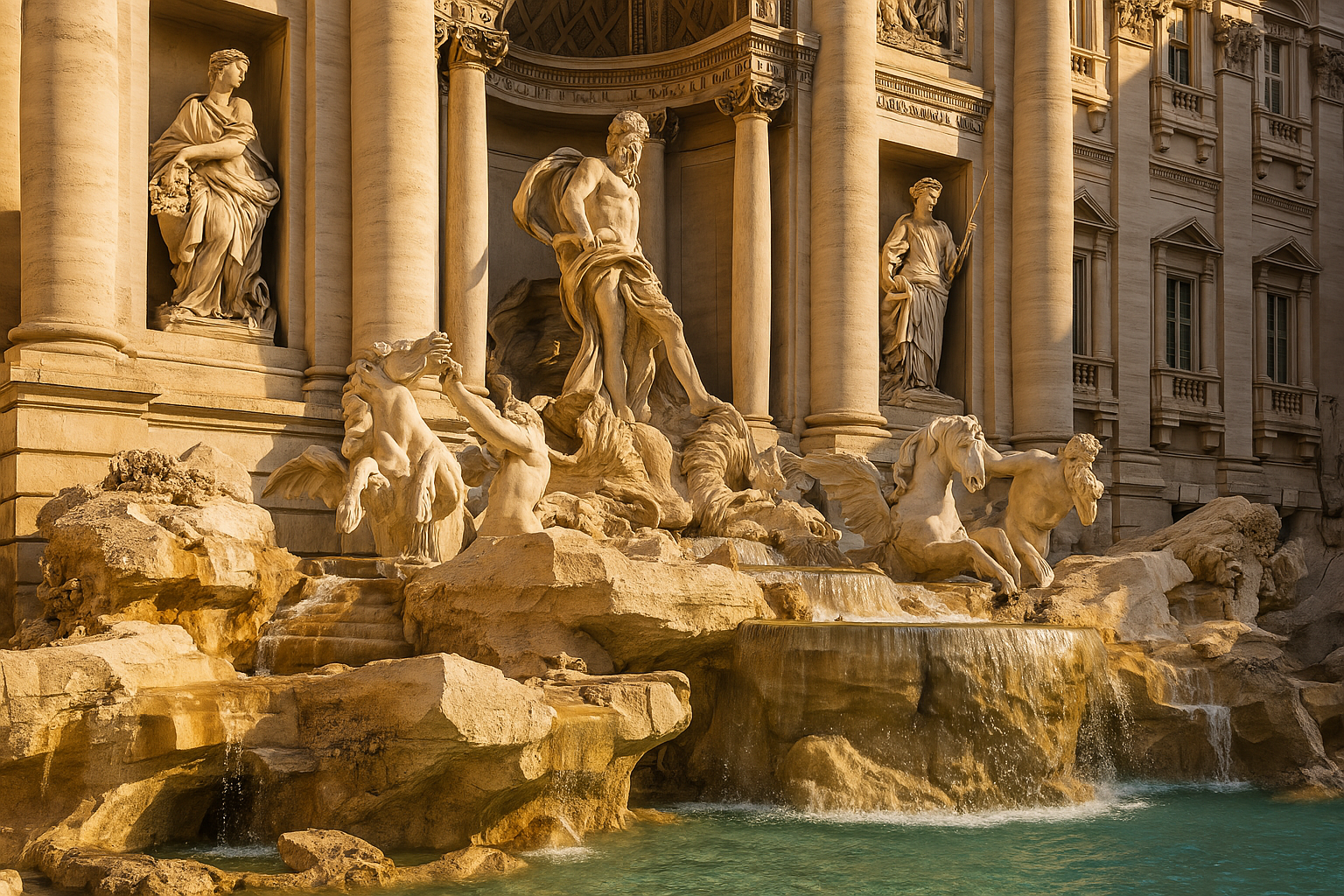 Trevi Fountain in Rome at golden hour, showcasing travertine stone sculptures and flowing water from the ancient Aqua Virgo aqueduct, an iconic example of Geo-Urbanism and sustainable urban design.