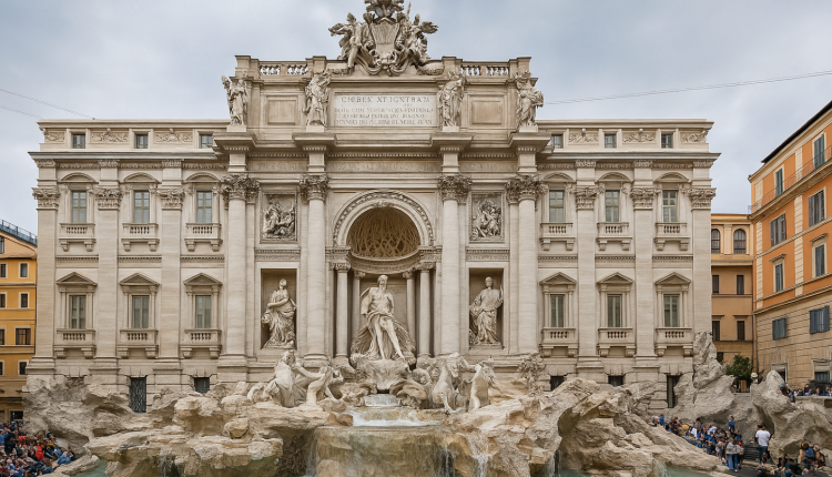 Front view of the Trevi Fountain in Rome, showcasing its travertine stone structure, statues, and flowing water as a case study in Geo-Urbanism.