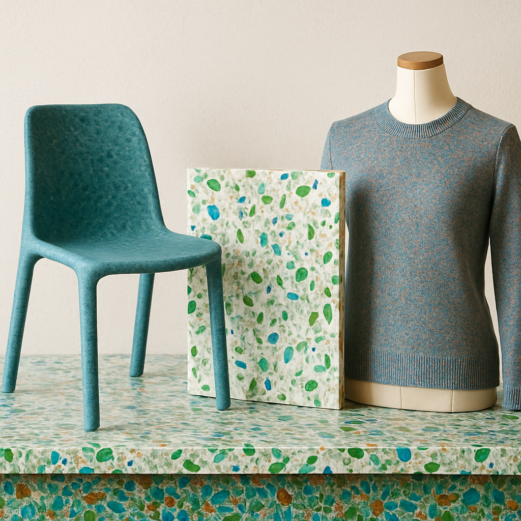 Recycled Materials in Product Design, Recycled plastics: bottles turned into furniture
Recycled glass: used in countertops and tiles
Recycled textiles: old clothes transformed into new fabrics