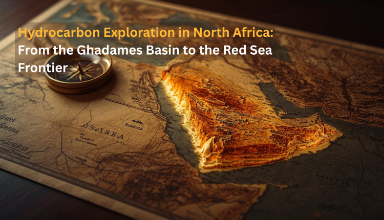 An antique-style map of North Africa and the Red Sea rests on a dark wooden table. Two sections of the map glow from within: one over the Sahara desert revealing a 3D geological cross-section, and another over the Red Sea showing complex formations. A geologist's compass and a magnifying glass lie beside the map