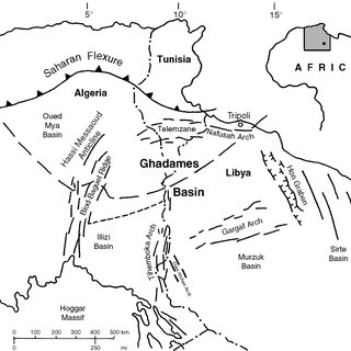 A geological map showing the location and vast scale of the Ghadames Basin, which spans across Algeria, Tunisia, and Libya in North Africa.