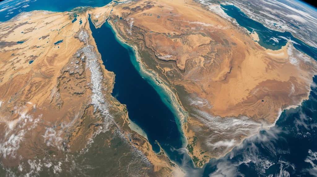 A clear satellite photograph of the Red Sea, showcasing its distinct linear shape as a continental rift valley between the African and Arabian tectonic plates.