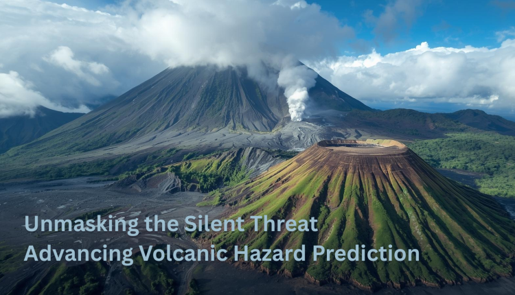 Steaming volcanic mountain with white smoke rising from vents under a cloudy daytime sky.