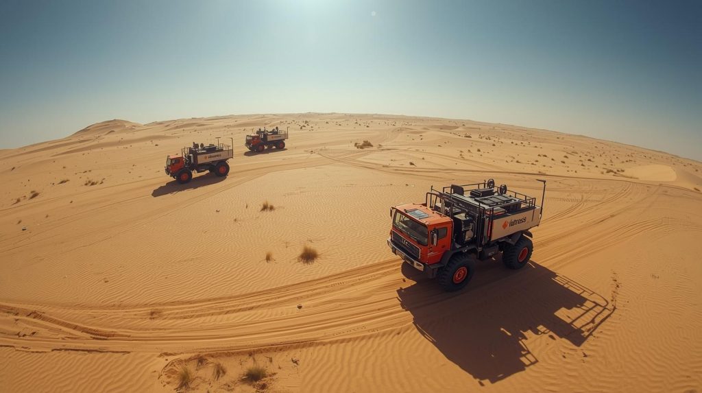 Vibroseis trucks conducting a seismic survey in a vast desert landscape, illustrating the technology used for hydrocarbon exploration in arid environments like the Sahara.